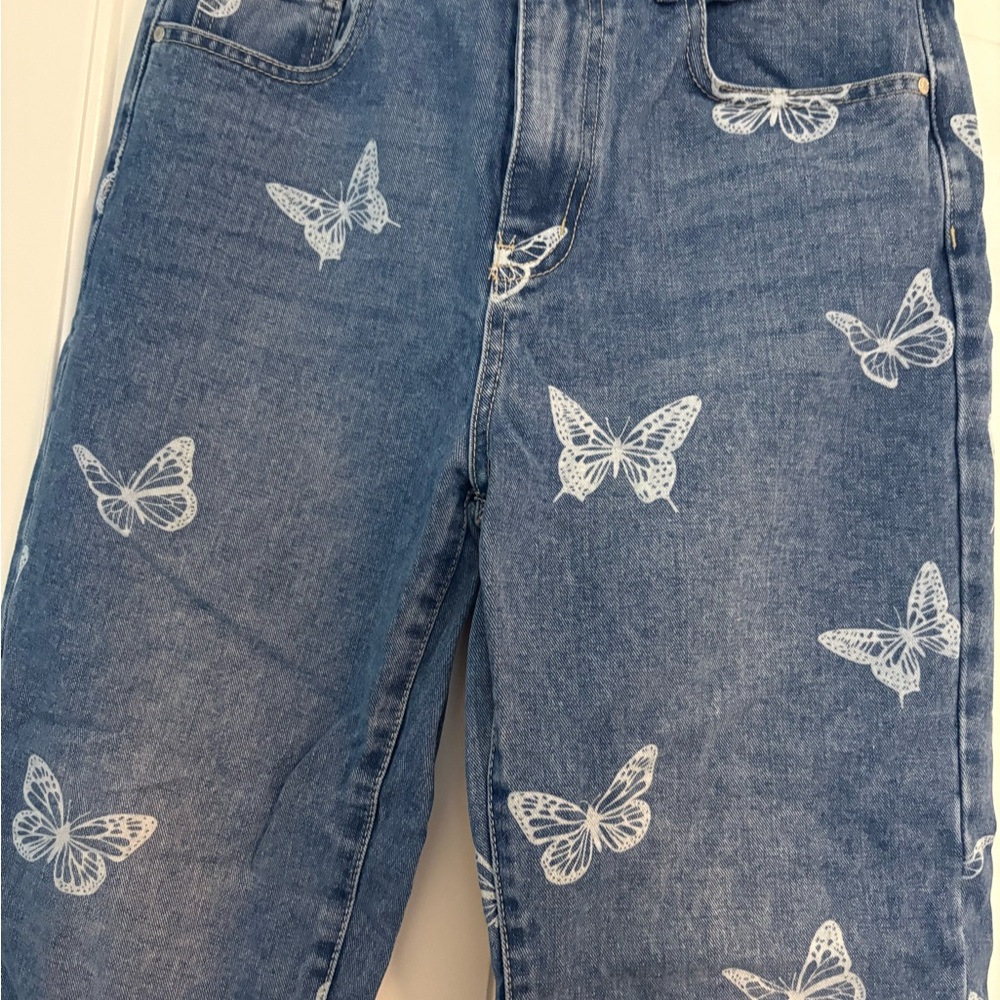 Blue Sky Women's Boyfriend Jeans with White Butterfly Print - Blue Denim - Picture 3 of 5